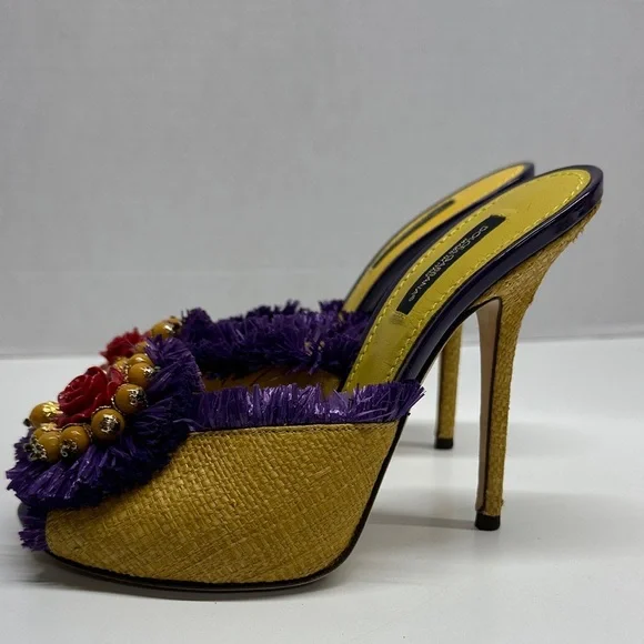 Dolce & Gabbana Keira Straw Mules Heels Open Toe Pumps Shoes Yellow Size EU 37 7 - Picture 5 of 13
